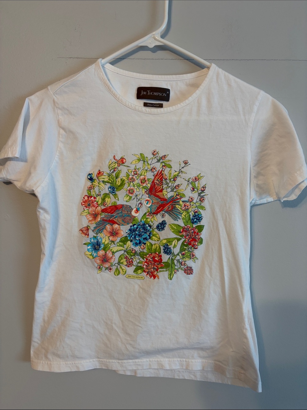 Jim Thompson White Short-Sleeve Tee with Colorful Floral & Bird Print&sparkle! M